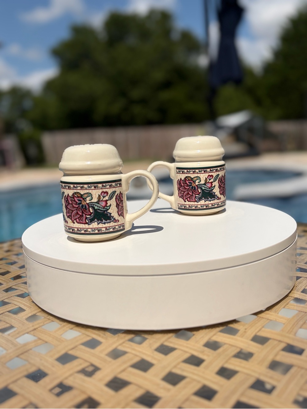 Vintage Cream salt and pepper shakers with Pink and Green Floral Band – Set of 2